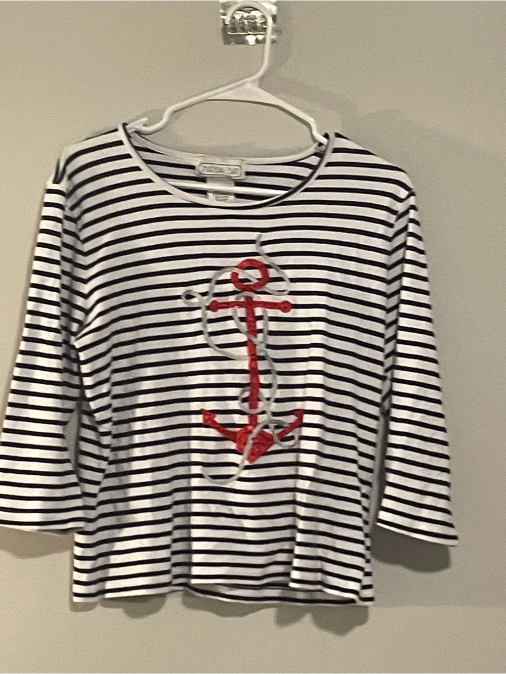 Striped Long Sleeve Tee with Red Anchor Detail. Item # 11557. 100% cotton